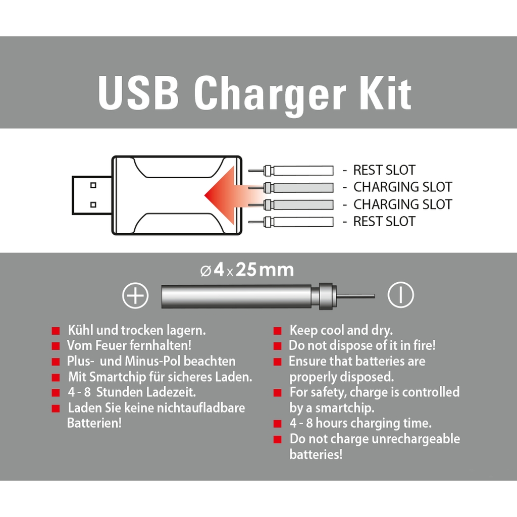 Jenzi USB-Ladegerät inklusive 2 Stabbatterien