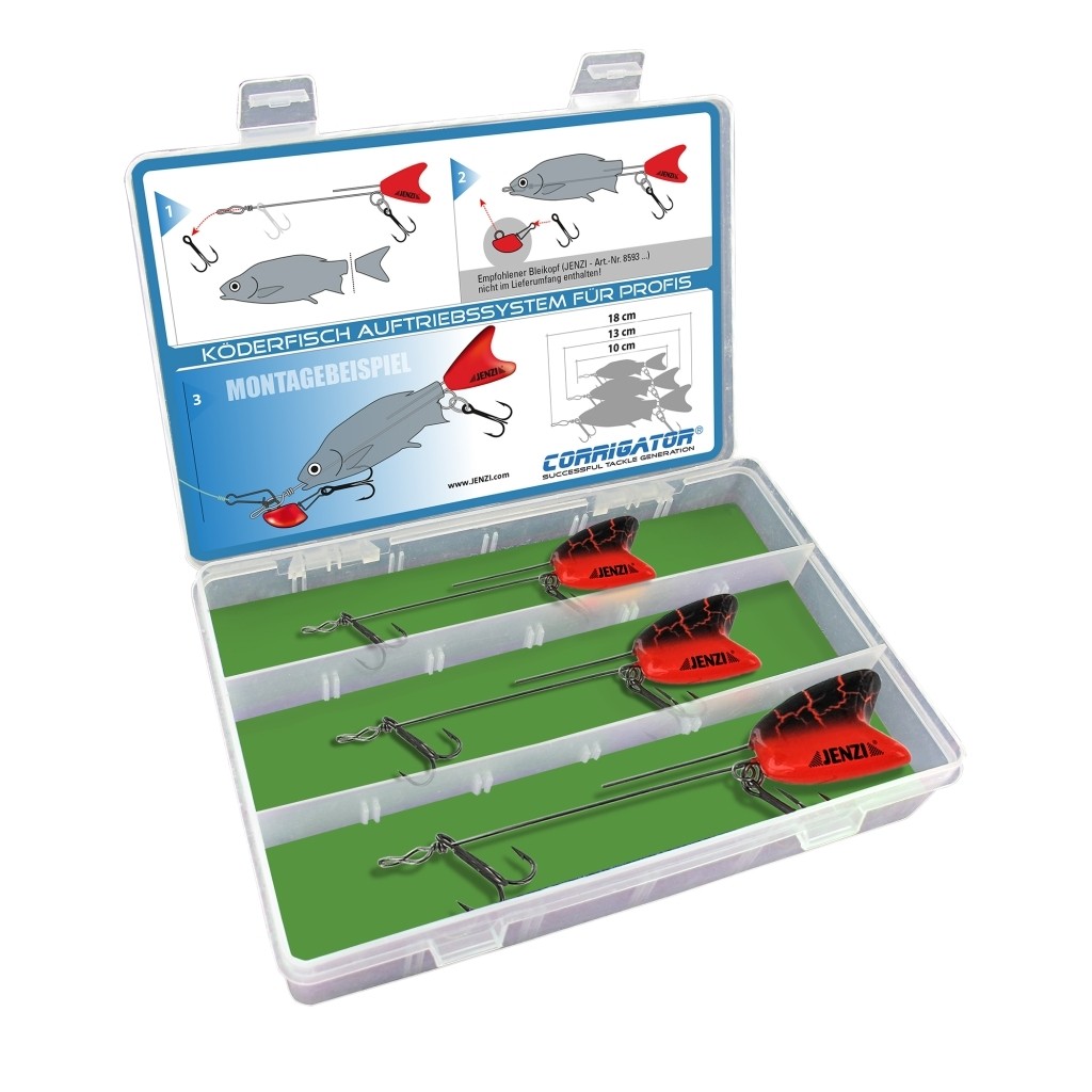 Jenzi Spezial-Köderfisch- Auftriebssystem sortiert in Box